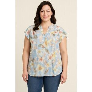 Cocomo Womens Blouse Top Size Medium Blue Floral Pleated Popover Flutter Sleeve